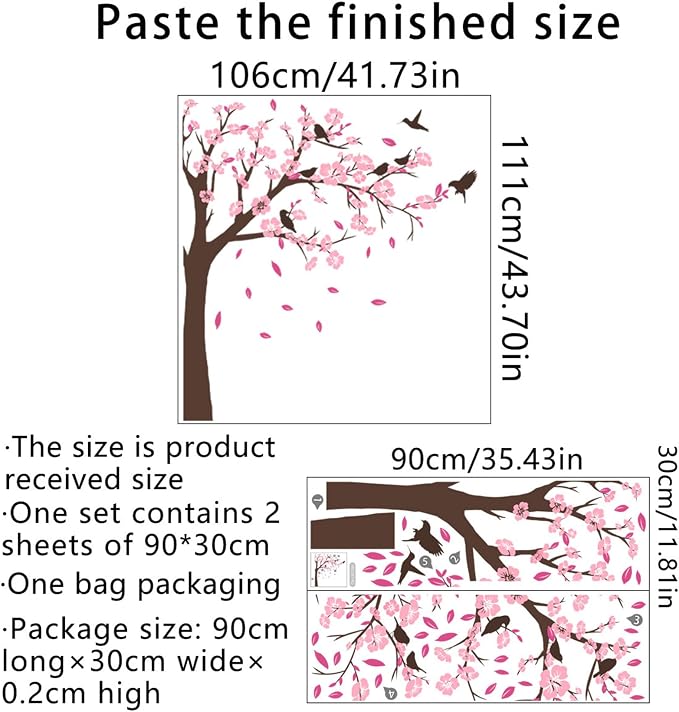 Pink Flower Tree Wall Stickers, Removable DIY Romantic Peach Blossom Tree Wall Murals Peel and Stick 3D Wall Art Stickers Murals Home Decor for Gilrs Bedroom Nursery Rooms Living Room - Image 5