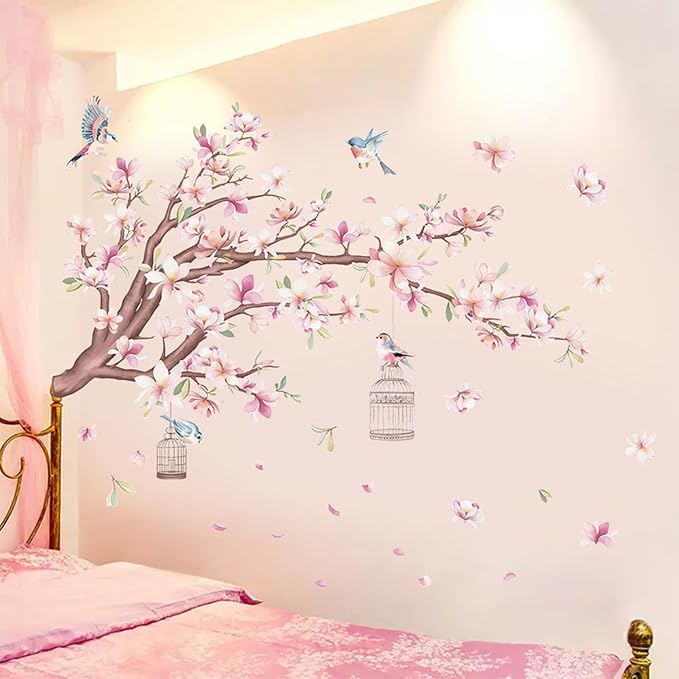 Cherry Blossom Flowers Wall Decals Decor Vinyl Stickers, Magnolia Floral Tree Branch Birds Wall Art Murals, Flower Pattern Wall Stickers for Girls Bedroom Living Room Nursery Decor - Image 5