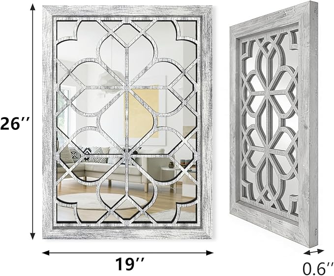 Set of 2 19x26 Inch Large Grey Shatterproof Rectangular Wall Mirrors, Boho Rustic Farmhouse Vintage Accent Mirrors for Living Room Bedroom Entryway Dining Room & Home Decor - Image 2