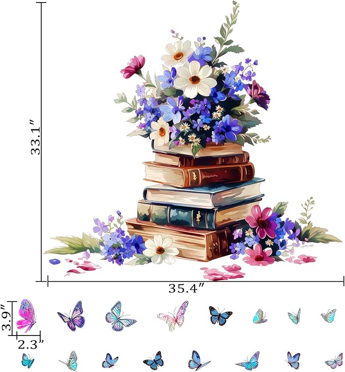 Vintage Stacked Books Floral Flower Butterfly Wall Decals Decor Stickers | Elegant books peel and stick wall decor, wildflowers & butterflies removable vinyl wall art for library bedroom study room - Image 2