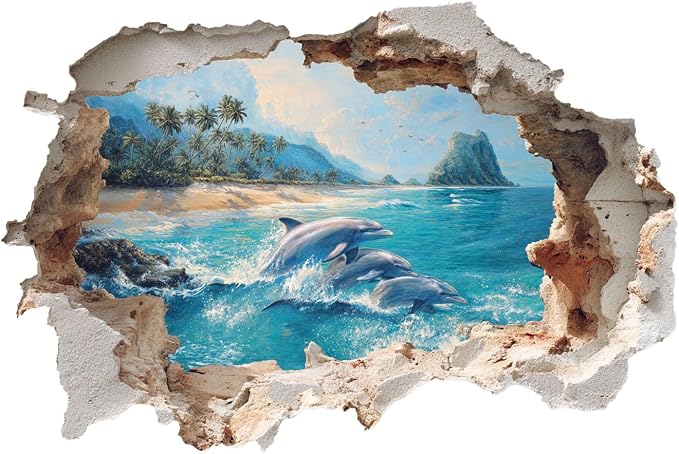Dolphin Ocean Wall Decals Stickers, Sea Landscape Animal Wall Art Peel and Stick, Removable Vinyl Wall Decor for Bedroom, Living Room, Office, Home Decoration by THISFIND