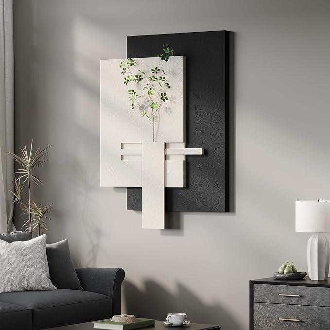 3D Black and White Abstract Wall Art, Modern Minimalist Artwork for Walls | Sandstone Textured Pictures, Layered Panle Design, Faux Plant, Decor for Living Room Bedroom Dining Room Office by Cuspin