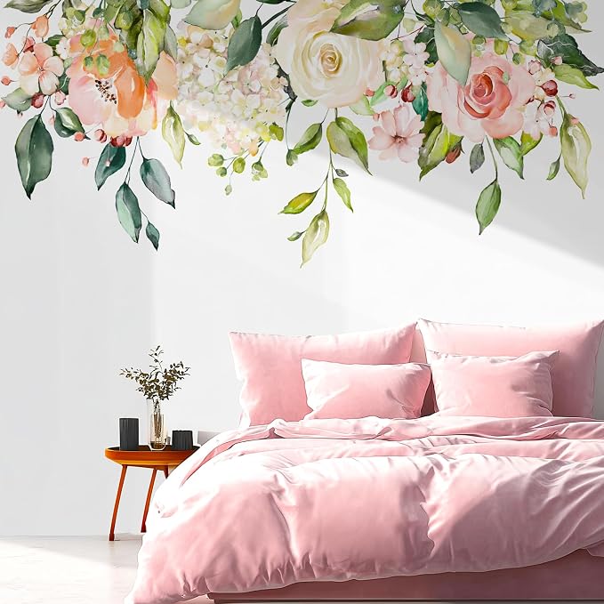 Flowers Leaves Wall Decals Peel and Stick, Large Floral Flowers Wall Stickers, Removable Vine Home Decor Art for Bedroom Living Room Classroom Office by VePret