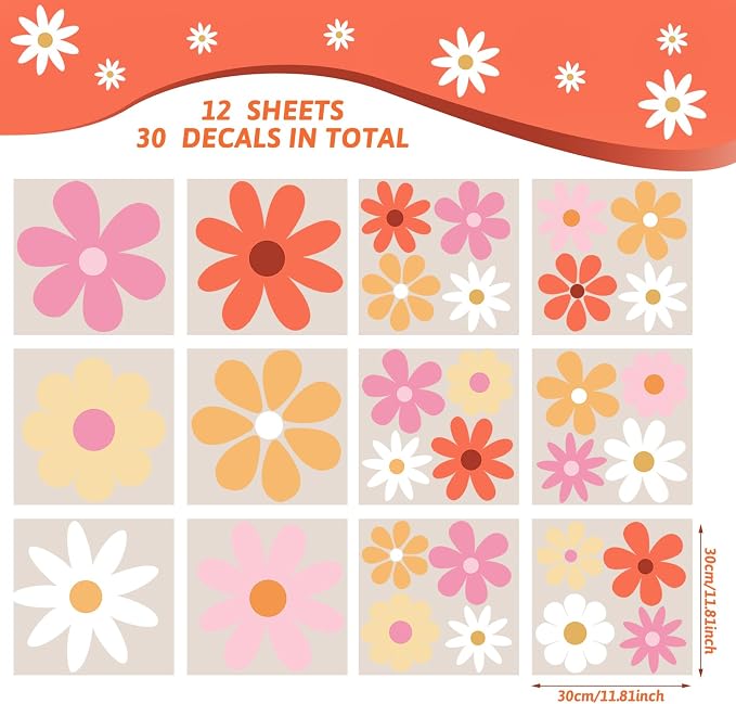 TaoBary 12 Sheet Big Daisy Wall Sticker Decal Flower Wall Decal Removable | Large Flower Wall Sticker, Floral Decal, Daisy Bedroom Room Decor, Pink Orange White Peel and Stick, Nursery Home Wall Decor - Image 2