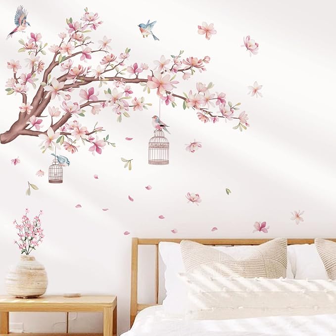 wondever Cherry Blossom Flowers Wall Stickers Pink Magnolia Floral Tree Branch Birds Peel and Stick Wall Art Decals for Living Room Bedroom TV Wall | Peel and Stick, Removable, Wall Art Decals, Wall Decoration, Living Room Bedroom, Office Sofa TV Home ... by wondever