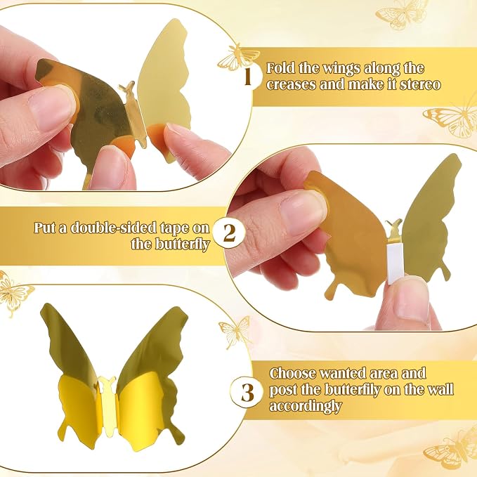 BBTO 48 Pcs 3D Butterfly Mirror Wall Decor,Gold,Silver | Butterfly Stickers,3 Sizes,for Birthday Party Cake,Room Nursery Bathroom Wall Decor,Removable Peel Stick,Reflective - Image 5