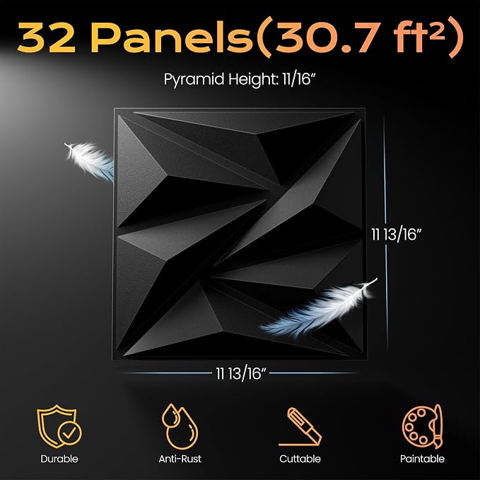 Sonicism Wall Panels 32Pack 3D Wall Panels 0.7"x11.8"x11.8"Creative Cutting | Pyramid PVC Wall Panels for Interior Wall Decor,Fire Resistant Wall Tiles for Bedroom Home Office Gaming Room(Charcoal Black) - Image 5
