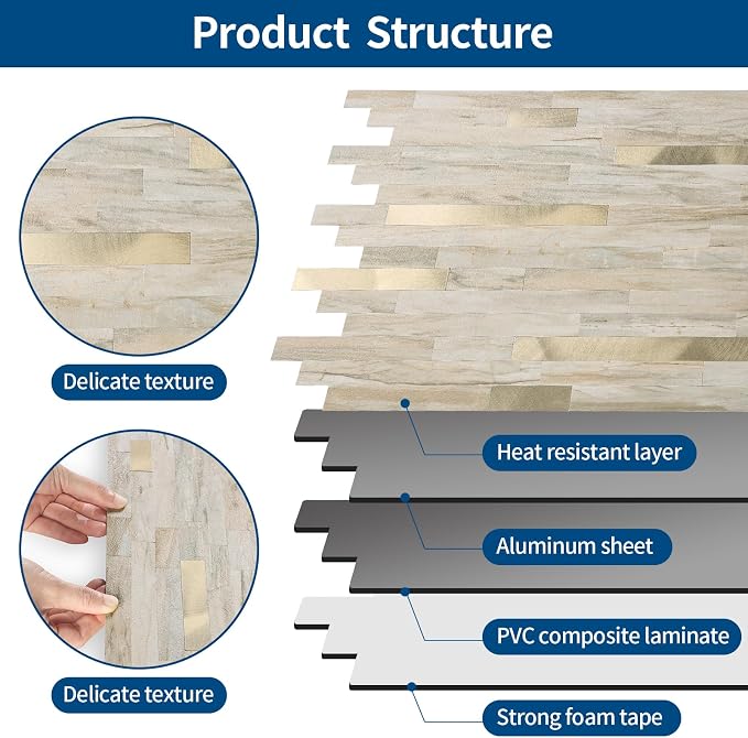 Yipscazo 10 Sheets Peel and Stick Stone Metal Tile Backsplash, Stick on Tiles for Backsplash Kitchen, Bathroom, Laundry Room, Camper, Fireplace (12'' X 12'', Beige Stone with Gold) - Image 7