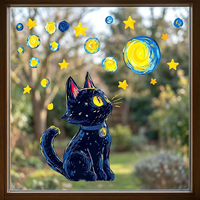 Starry Night Sky Cute Black Cat Removable Wall Decals Peel and Stick | Van Gogh wall decor with swirling moon & stars, vinyl wall art for kids bedroom, living room, residue-free for renters - Image 4
