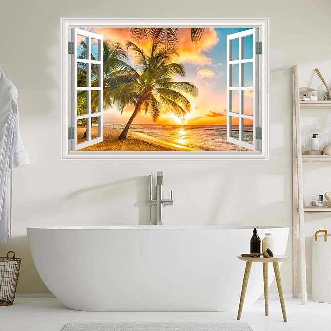 Fake Window Wall Decal- Summer Beach Ocean Coconut Trees Open Art Sticker | Faux Window Natural Scenery Landscape Mural ｜ Stick and Peel Wall Decals｜for Room Bedroom Office Scene Picture Decor｜24"x16" - Image 7
