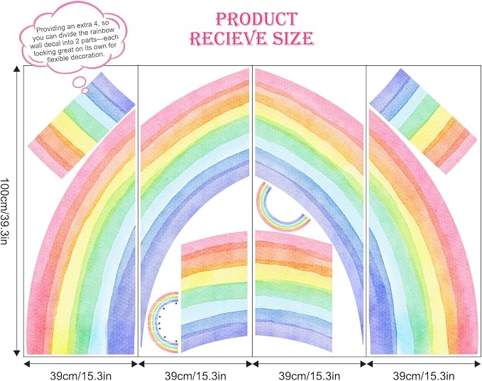 83"x43" Large Rainbow Wall Stickers, Mural Watercolor Half Rainbow Wall Decals Peel and Stick Vinyl Wall Art Decor for Girls Bedroom Kids Nursery Living Room Playroom Toddler - Image 5