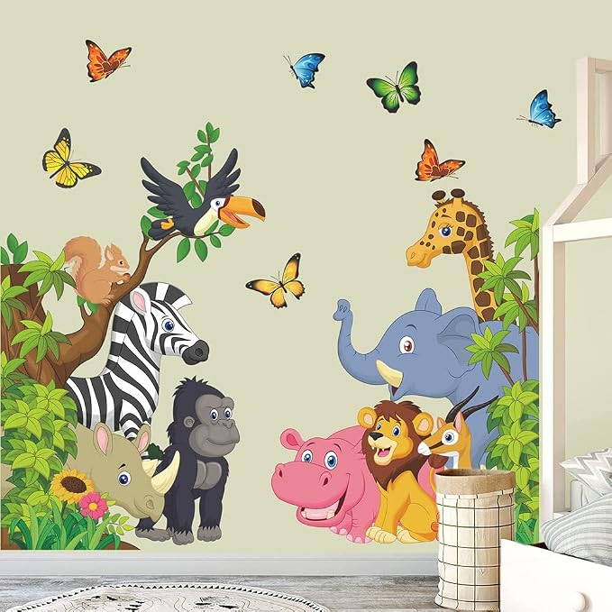 Supzone Cartoon Animal Wall Decal Jungle Animals Wall Stickers Elephant Lion Zebra Butterfly Wall Decor for Kids Baby DIY Vinyl Mural Art for Nursery Bedroom Living Room Playroom - Image 4