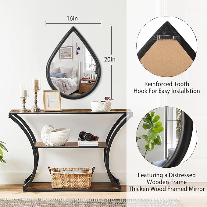 Wood Frame Mirror Black Teardrop Wall Mirror Farmhouse Rustic Decorative Irregular Wall Mirrors for Bathroom Living Room Vanity Entry Hall 16x20 Inch - Image 5