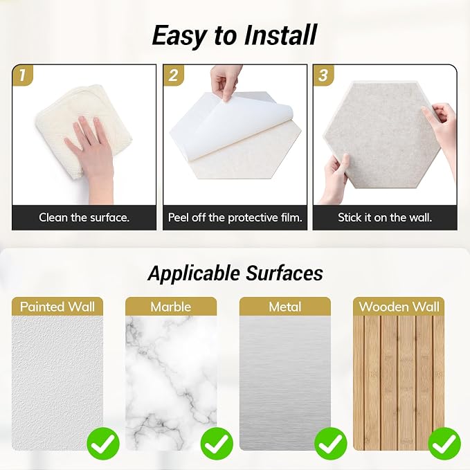 48 Pack High Density Hexagon Acoustic Panels, TONOR 12"x 10"x 0.4" Soundproof Wall Panels, Sound Absorbing Panels for Interior Wall Décor, Peel and Stick Modern for Studio, Office, Home, Beige - Image 6