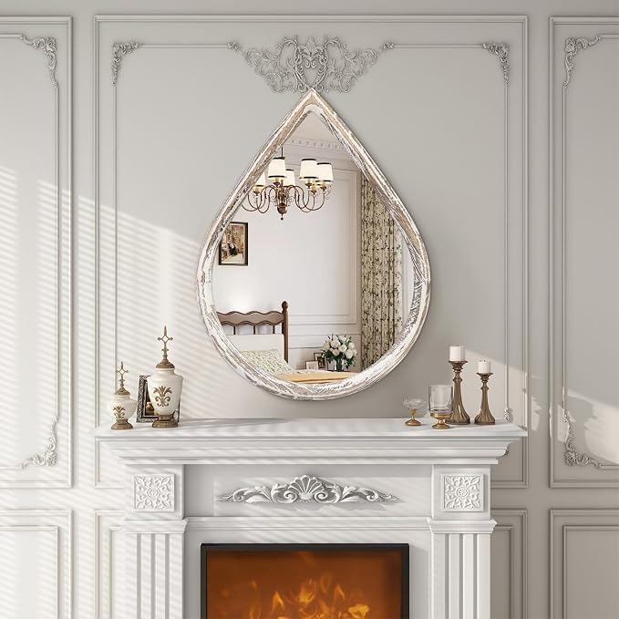 Teardrop Mirrors with Wood Frame Farmhouse Rustic White Wall Hanging Mirrors Large Decorative Mirror for Living Room Bathroom Entryway - Image 3