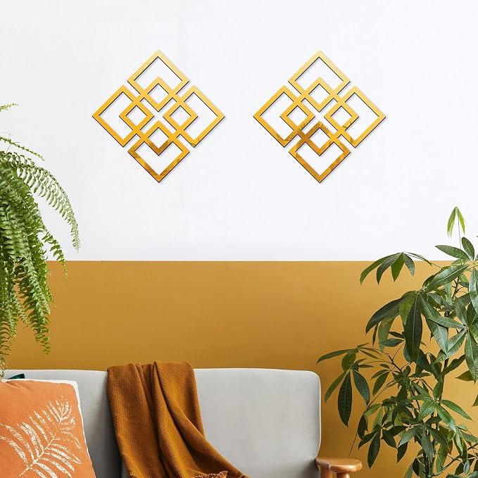 flangairy 2 Piece Gold Geometric Wall Mirrors, 11.8 Inch Wooden Frame Acrylic Mirror Decor for Bathroom Bedroom Living Room Modern Farmhouse Home Decorations - Image 2