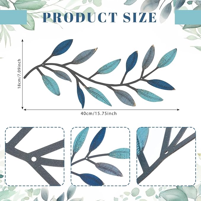Zhengmy 2 Pcs Metal Leaf Wall Art Vine Branch Decor,Vintage Blue | Olive Branch Metal Decor for Living Room Hallway, Symmetrical Leaf Pair for Doorway Entryway, Lightweight Hanging Art Design - Image 2