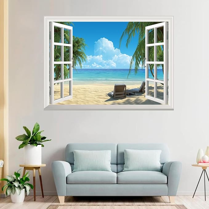 Fake Window Wall Mural Summer Blue Sky White Beach (64"x48") | Peel and Stick Faux Window Wall Sticker Decal Poster for Bedroom Home Decor - Image 7