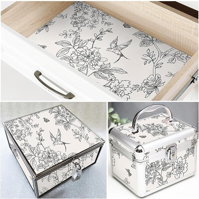 Froluya Black and White Floral Wallpaper Peel and Stick 17.7in×590.5in | Vintage Floral Contact Paper Boho Flowers Birds Removable Self Adhesive Decorative Wallpaper for Bathroom Cabinets - Image 9