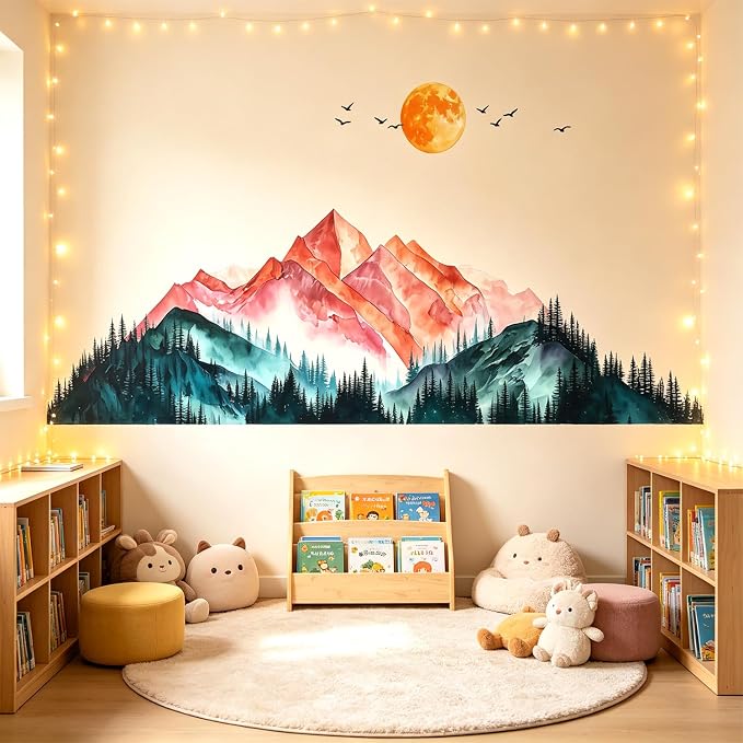 Mountain Sunset Bird Wall Decal Nature Living Room Entryway Decor Sticker | Peel and stick watercolor mountain landscape border trim, pine tree removable vinyl decor for living room bedroom entryway - Image 5