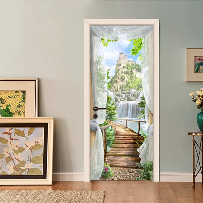 artfanke 3D Door Sticker Peel and Stick 33.5"x84.6"- View of The Castle Self-Adhesive Door Decal Murals Wallpaper for Home Decor(2 Sheets/Set) - Image 5
