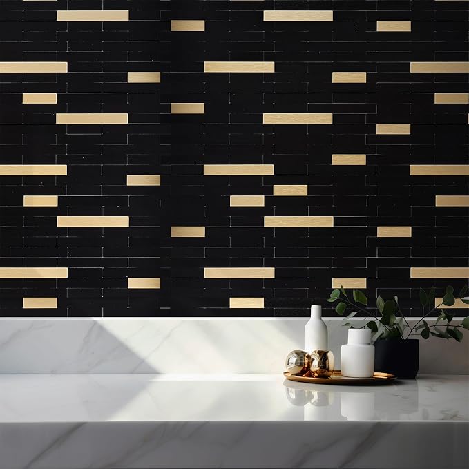 StyloVue 2 Sheets Peel and Stick Tile Backsplash, Black with Metal Gold Look Stick on Tile Upgrade Your Kitchen Backsplash, RV, Fireplace - Image 8