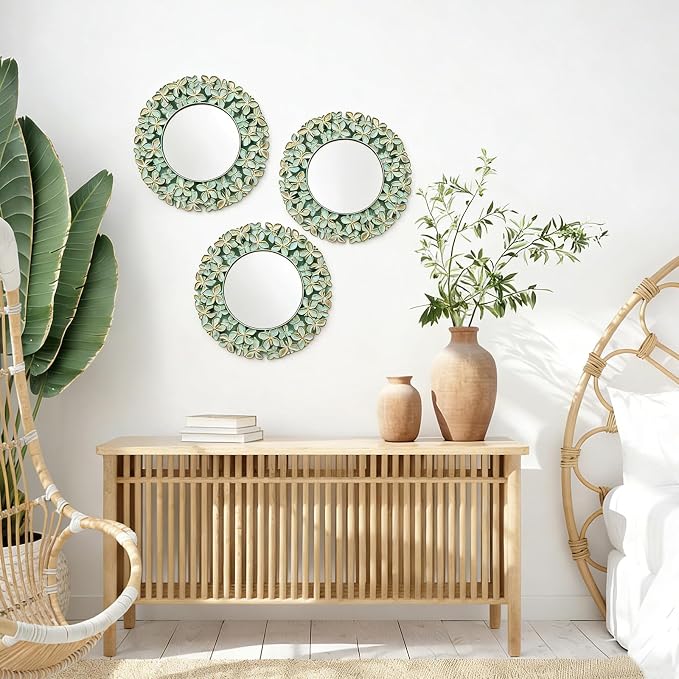 DXYAKY 3 Pack Floral Ornate Decorative Wall Mirror - Elegant Mint Green with Gold Accents, 9.8" Plastic Round Mirror Set, Lightweight Wall Art Décor for Bedroom, Bathroom, Living Room & Entryway - Image 3