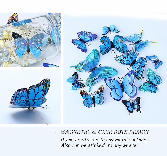 OPSEAM 3D Butterfly Wall Decor Butterfly Decorations Stickers with Magnets | 72 PCS Blue,12 Styles Double Layer Butterfly for Classroom Decoration,Locker Refrigerator, Reusable,Waterproof - Image 5