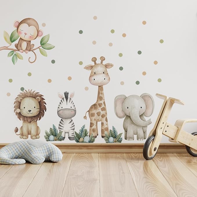 Safari Animals Nursery Wall Decal, Peel and Stick Nursery Mural Jungle Animals Lion, Elephant Wall Stickers for Kids, Boys and Girls Room, Bedroom & Toddler Room Decor (Boho Animal Dot Decals 59) - Image 3