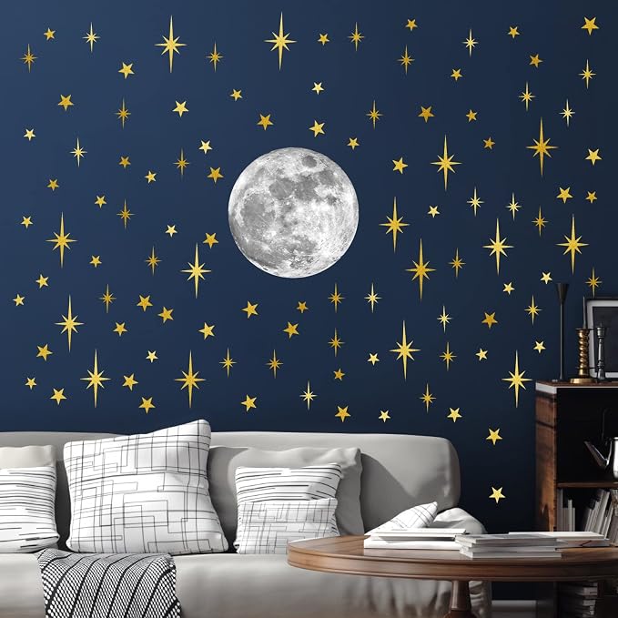 Retro Starburst Wall Decals Stars Wall Sticker Star Moon Vinyl Decal Golden | Celestial decor, sparkle wall stickers decoration, peel and stick, removable art mural, for girls bedroom living room nursery by Easma