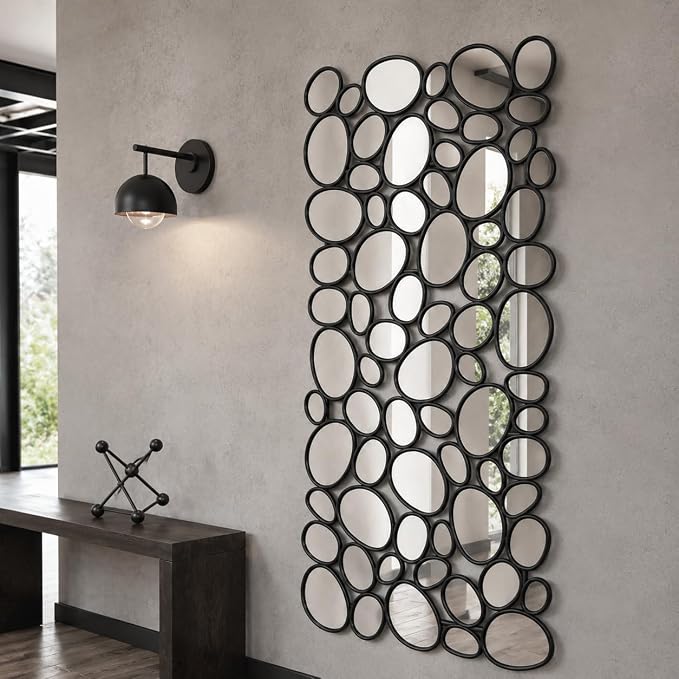 Black Mosaic Wall Mirror, 27.55" x 55" Large Pebble Geometric Decorative Mirror with 71 Irregular Mirror Pieces, Modern Accent Wall Decor for Living Room, Entryway, Bedroom, Hallway - Image 8