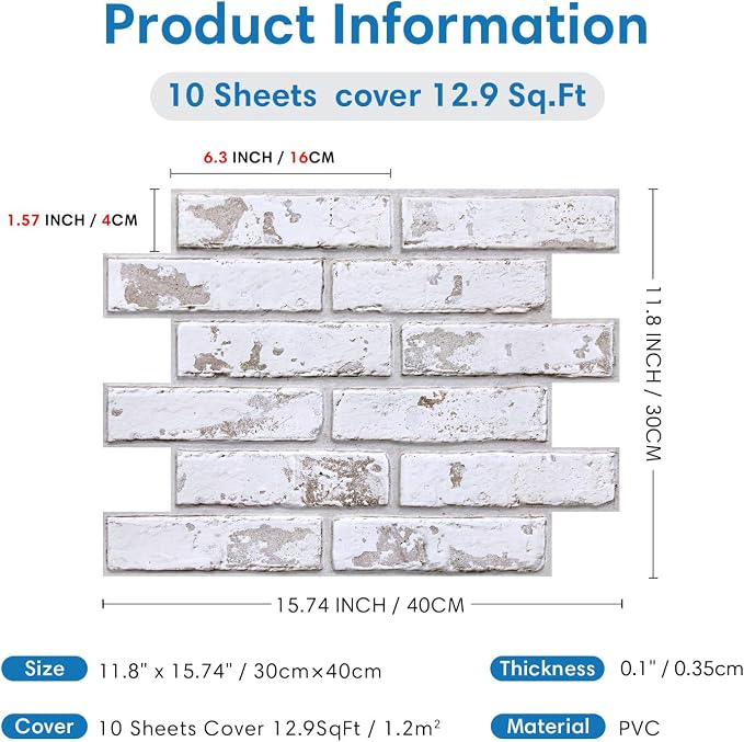 COMSTICKC 3D Faux Brick Wall Panels Peel and Stick Decorative Tiles Sticker | 10 Pcs 15.7" x 11.8", Retro White, Not Real Brick, Ultra-Light Thin PVC 3D Fake Brick Decorative Wallpaper, Cover 12.9 sq ft - Image 5