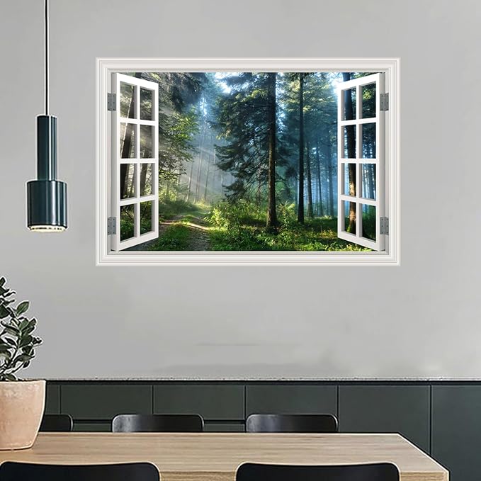 Fake Window Poster Wall Decal - Morning Forest Faux Window Wall Mural Prints for Wall Decor, Peel and Stick Wall Sticker 48" x 32" Set of 2 Sheets - Image 5