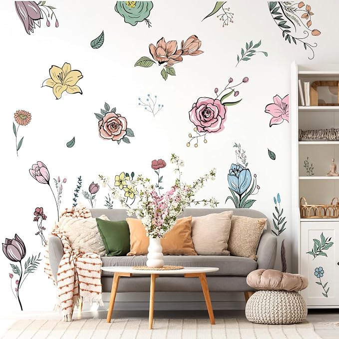 Large Boho Floral Wall Decals Watercolor Flower Wall Stickers for Bedroom Living Room, Removable Peel and Stick Wall Art for Girls Bedroom Living Room Nursery Dorm Room - Image 5