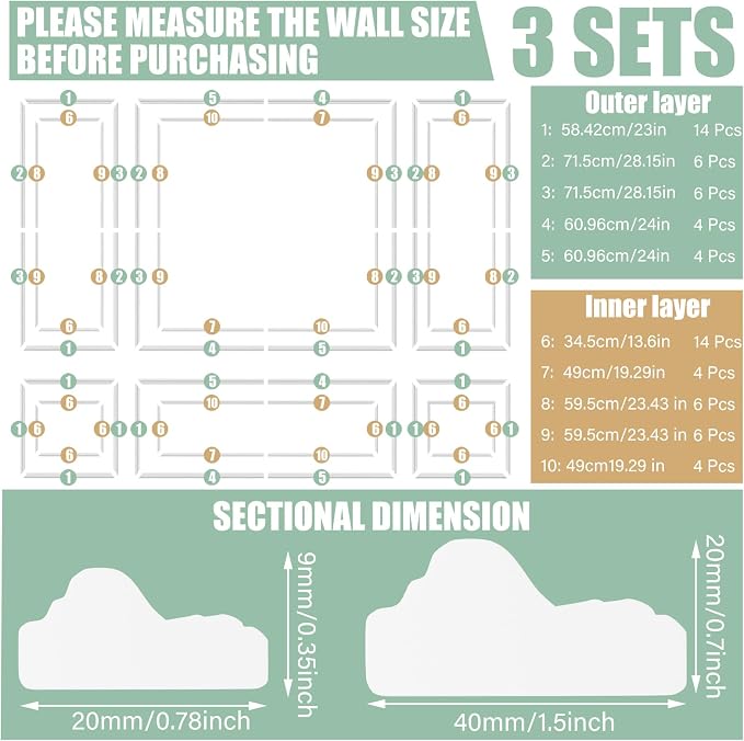 Pangda 3 Set Peel and Stick Wall Molding Kit Panel, 23x79.3in+48x79.3in | Premade, Wainscoting Accent Panel, Wall Moulding Kit, 3D, for Interior and Outer Layer, Ready to Assemble, Accent Molding - Image 2