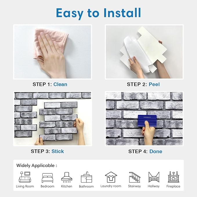 COMSTICKC 3D Faux Brick Wall Panels Peel and Stick, 10 Pcs 11.8" x 11.8" | Gray, Not Real Brick, PVC Brick Sticker Decorative Wall Covering Wallpaper for Quick DIY Wall Upgrades, Cover 9.7 sq ft - Image 8