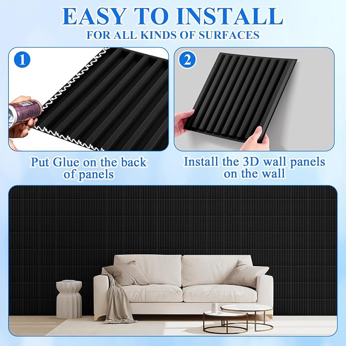 Nuanchu 90 Pcs 3D Wall Panels, 12"x12" PVC Fluted Tiles, Black | Waterproof Accent Panels, Paintable Wall Tiles, for TV Background, Bedroom, Bathroom, Gaming Room, Cuttable Home DIY Decor - Image 4