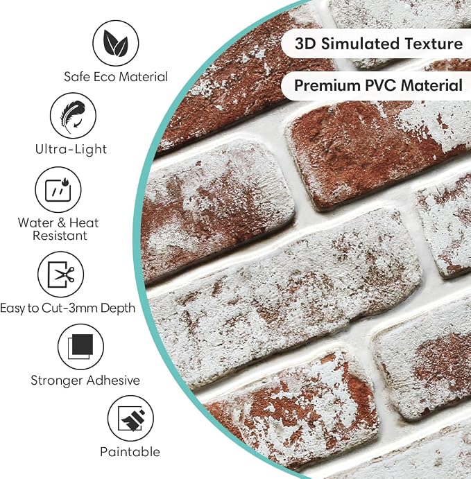 Commomy Faux Brick Panels Peel and Stick Wall Stickers 10 Pcs 11.8" x 11.8" | Small Size Thin PVC Red Fake 3D Brick Wallpaper for Kitchen,Fireplace,Home Office,Wall Covering Decor(Covers 9.7 sq.ft) - Image 3