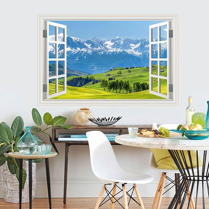 Fake Window Wall Decal- Mountain Forest Green Grassland Open Wall Sticker | Faux Window Natural Scenery Landscape Art Mural｜Stick and Peel Wall Decals｜Room Bedroom Office Scene Picture Decor｜24"x16 - Image 6