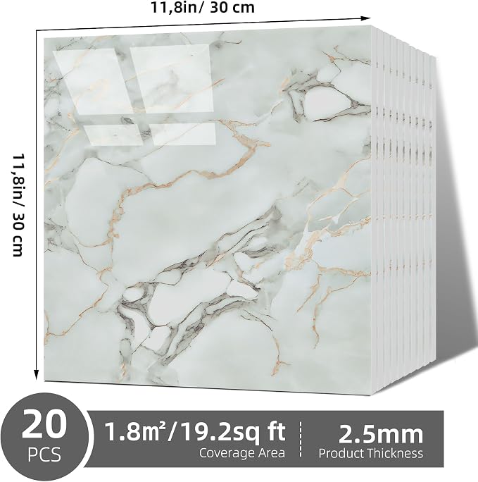 Vieshful 20pcs Peel and Stick Backsplash Tile，12"x12" Self Adhesive Marble Tile for Wall, PVC Waterproof Shower Wall Panels, Back Splash Stick on Tiles for Kitchen Bathroom Living Room, Not Real Tile - Image 3