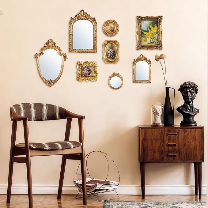 Novabright 8 Pcs Vintage Gold Picture Frame Wall Mirror Decor Set for Gallery, Small Antique Gold Mirror Luxury Ornate Pohot Frames for Wall Table Display(Elegant) - Image 4