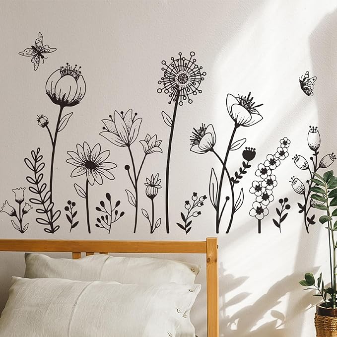 Black Boho Wall Decal Simple Sketch Flower Wall Stickers, Floral Wildflower Sticker Dandelion Peel Stick Wall Art Decor Bedroom Home Room Office Garden Hall Adult Gifts for Mom by BWCXXZH