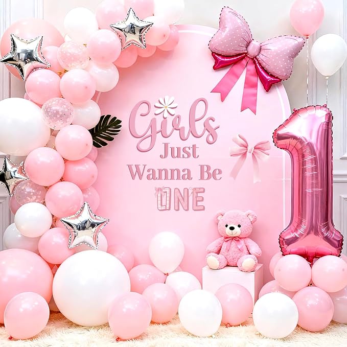LHIUEM Pink Girls Just Wanna Be One First Birthday Decals Pink Bow Knot 1st Birthday Party Stickers for Girl Gift Birth Theme Girls Just Wanna Be One wall Decal Banner for Arch Baby Shower Backdrop - Image 3