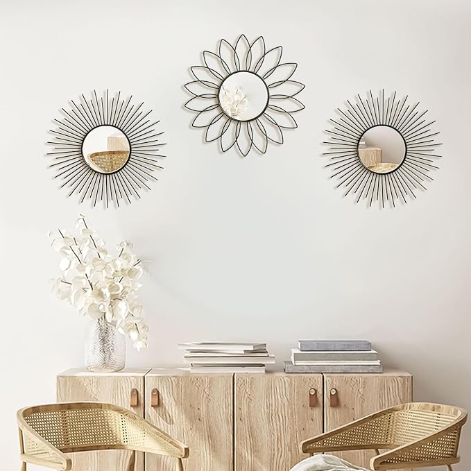 3 Pack Metal Mirrors for Wall Sunburst Wall Mirrors Home Décor Decorative Hanging Wall Art for Living Room Bedroom Entryway (Black2, Flower+Sunburst) - Image 3