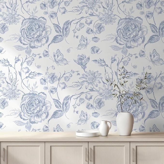 Blue Peel and Stick Wallpaper Floral Wall Paper Boho Embroidered Contact Paper Bedroom Bathroom Wallpaper Navy Blue and White Removable Self-Adhesive Kitchen Wall Decor Vinyl Roll 17.3" x 78" by Micpolo