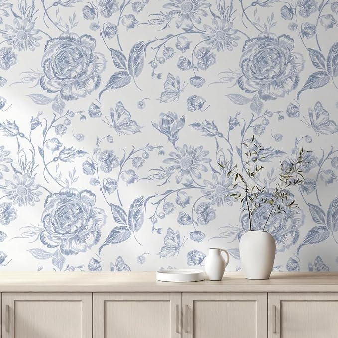 Peel and Stick Wallpaper Floral Wall Paper Boho Embroidered Contact Paper Bedroom Bathroom Wallpaper Navy Blue and White Removable Self-Adhesive Kitchen Wall Decor Vinyl Roll 17.3" x 787" by Micpolo