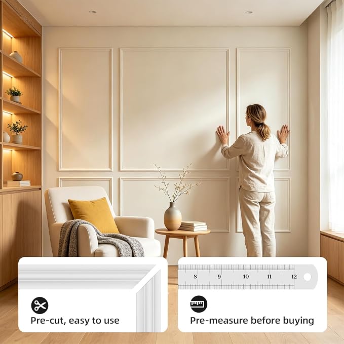 Peel and Stick Wall Molding Kit, Wainscoting Panels 24 PCS | 6 frame premade panels, self adhesive wall trim, paintable molding, accent wall decor for living room bedroom hallway - Image 6