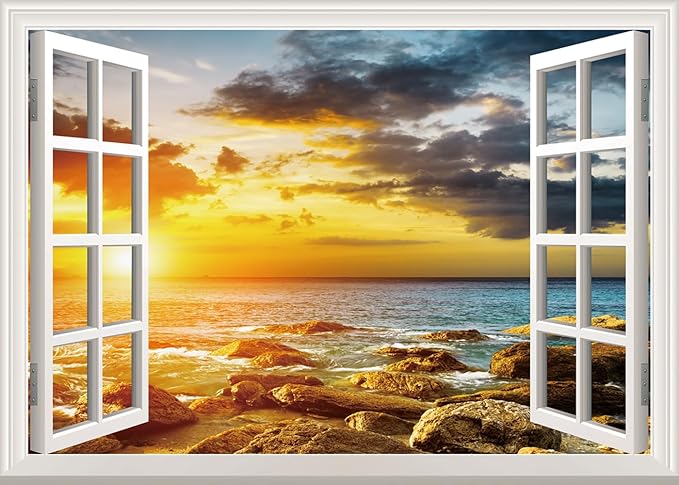 Fake Window Wall Sticker- Sunset Beach Seascape Open Wall Art Decal | Faux Window Ocean Natural Scenery Landscape Mural｜Stick and Peel Wall Decals｜Room Bedroom Office Scene Picture Decor｜24"x16" by Clickhere
