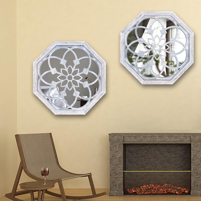 ZOLAPI 2 PCS 20inch Octagon Wall-Mounted Mirrors,Vintage Farmhouse Mirror for Wall Decor,Rustic White Color Decorative Accent Mirror for Foyer, Bathroom, Bedroom. (20”x20”) - Image 6