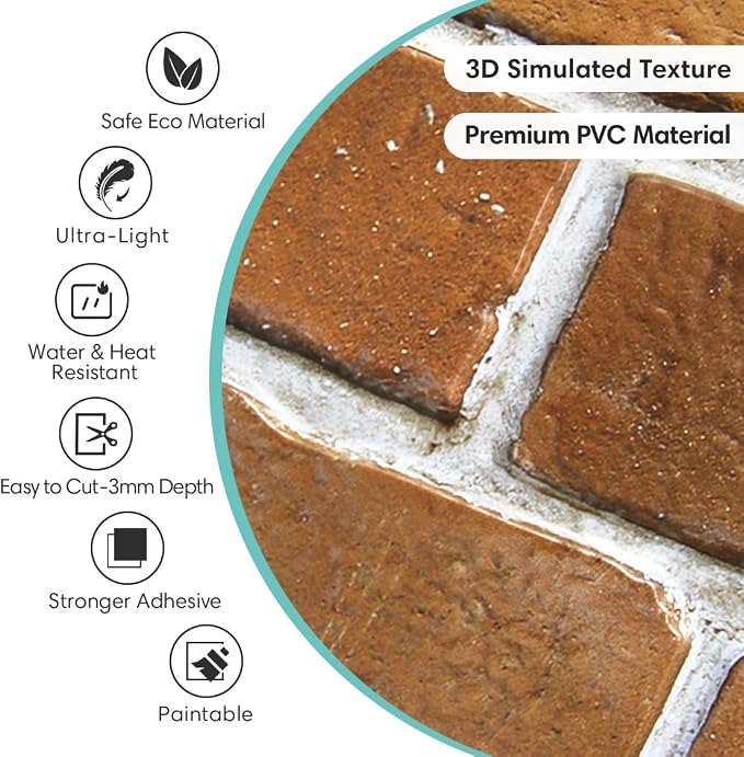 Commomy Faux Brick Wall Panels Peel and Stick Thin PVC 10 Pcs 11.8" x 11.8" | Small Size Thin PVC Quick Wall Covering Home Decor for Kitchen,Fireplace,Home Office (Covers 9.7 sq.ft) - Image 3